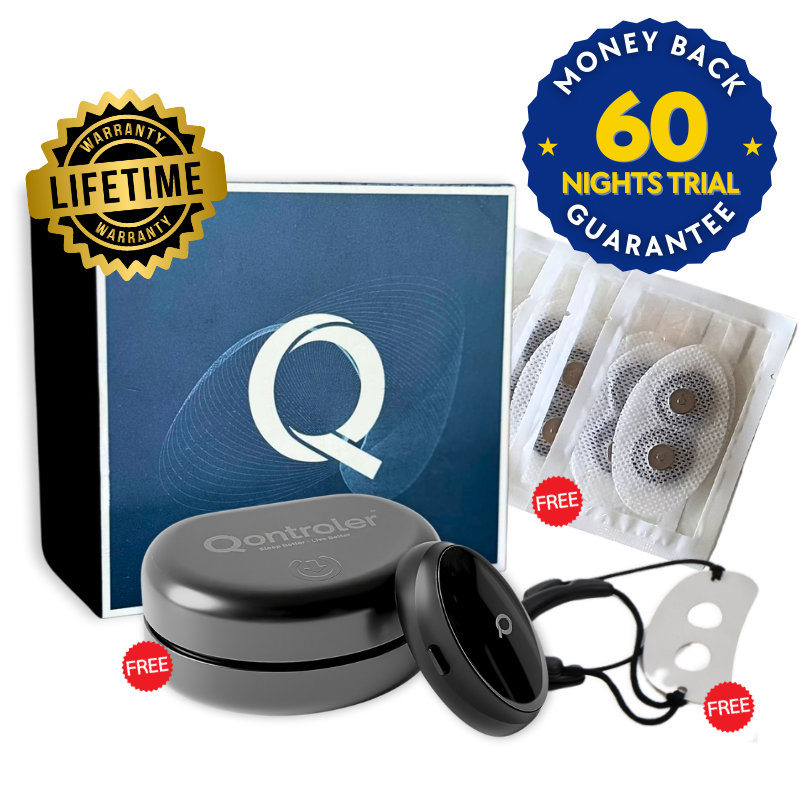 Qontroler Z3 Pro bundle — device, patches, strap, travel case, lifetime warranty and 60-night money-back badges
